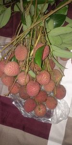 High angle view of strawberries on table