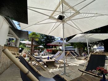 High angle view of chairs and tables at restaurant