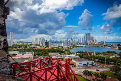 View of cityscape against cloudy sky