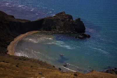 High angle view of rock formations at beach