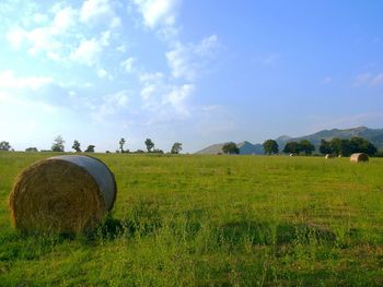 Hay bales on field against sky