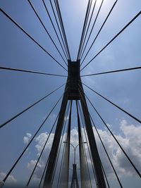 Low angle view of suspension bridge against sky