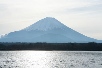 Scenic view of lake by snowcapped mountain against sky