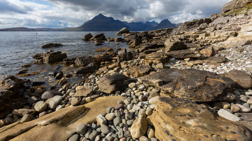 Scenic view of rocks and sea against sky