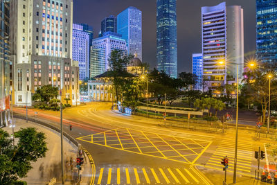 High angle view of illuminated city buildings