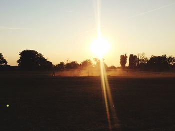 Sun shining through trees on field