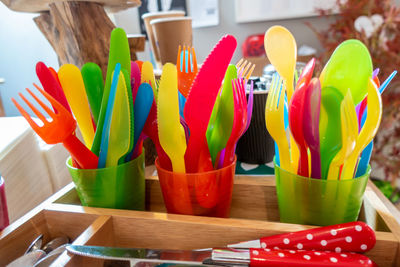 Close-up of multi colored candies on table