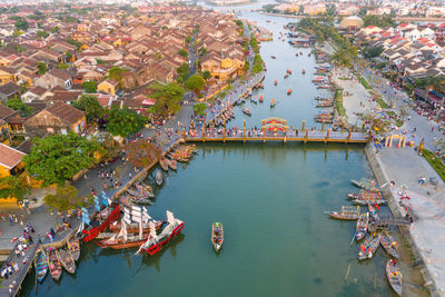 High angle view of boats moored in river