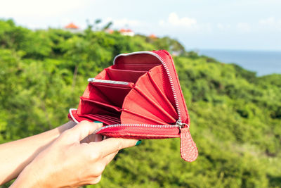 A girl on a background of tropical trees holds a purse made of python skin