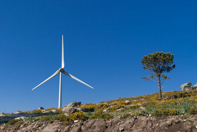 Low angle view of windmill on field against clear blue sky