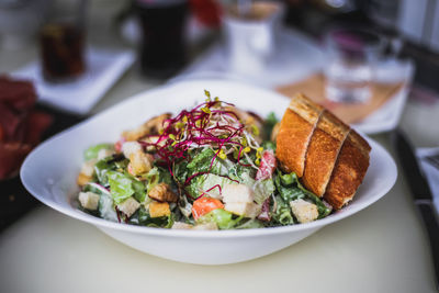 Close-up of meal served on table