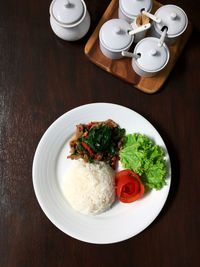 High angle view of food served on table