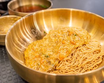 High angle view of noodles in bowl on table