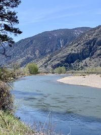 Scenic view of river amidst mountains against sky