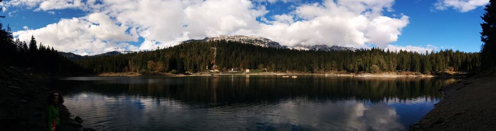 Scenic view of lake against cloudy sky