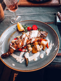 High angle view of food in plate on table