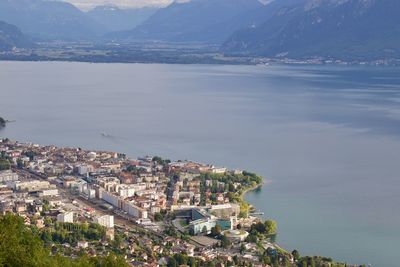 High angle view of cityscape and sea