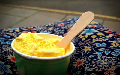 Close-up of ice cream in bowl on table