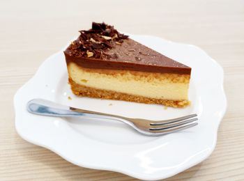 High angle view of cake in plate on table
