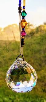 Close-up of multi colored umbrellas hanging on field