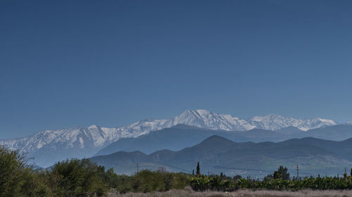 Scenic view of snowcapped mountains against clear sky