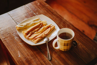 High angle view of food in plate on table