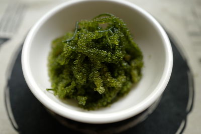 High angle view of salad in bowl on table