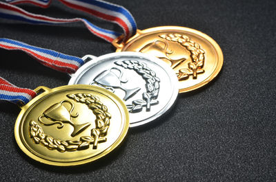 High angle view of medals on table