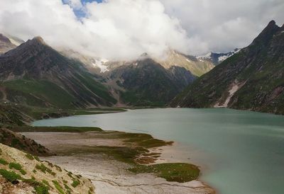 Scenic view of lake and mountains against sky