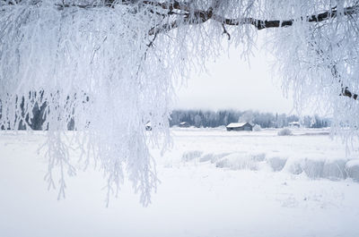 Snow covered landscape against clear sky