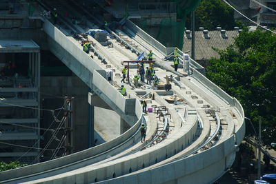 High angle view of road along buildings