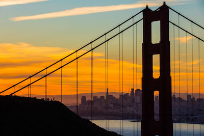 Silhouette of suspension bridge during sunset