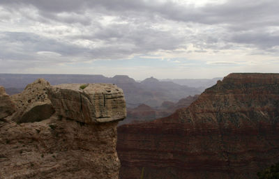 Scenic view of rock formations against cloudy sky