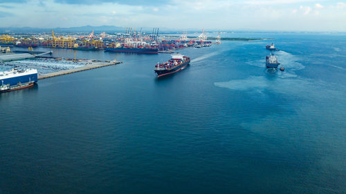 High angle view of boats in sea