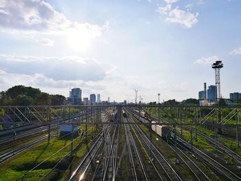 High angle view of railroad tracks against sky