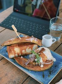 High angle view of breakfast served on table