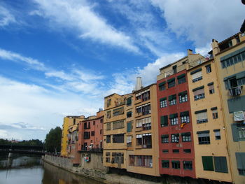 Buildings by river against sky in city