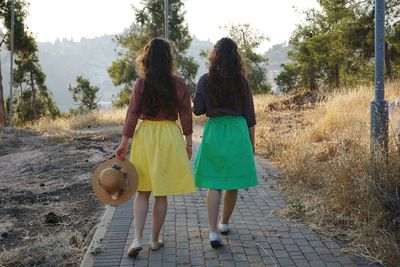 Rear view of siblings walking on street by field