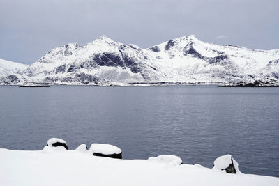 Scenic view of snow covered mountains against sky