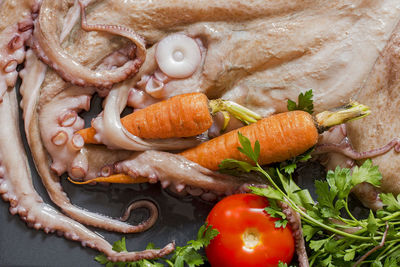 Raw octopus embracing carrots, tomato and parsley with tentacles.