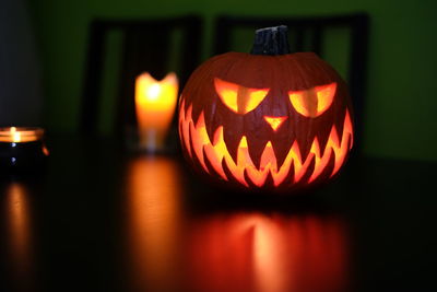 Close-up of illuminated halloween pumpkin