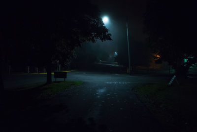 Illuminated street light on landscape against sky at night