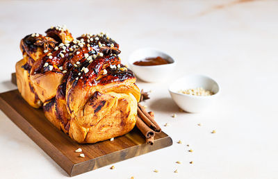 Close-up of food served on table