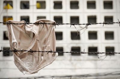 Panties hanging on barbed wire fence