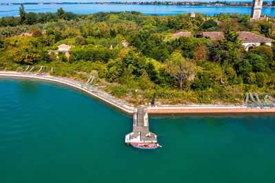 Aerial view of the plagued ghost island of poveglia in venice