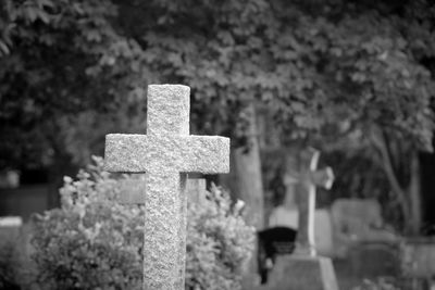 Close-up of tombstones at graveyard