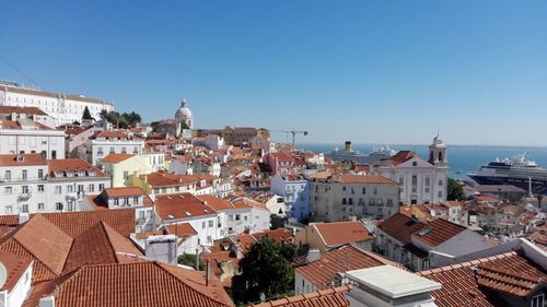 Houses in town against clear sky