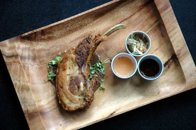 High angle view of food in plate on table