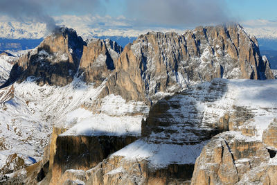 Panoramic view of mountains against sky during winter