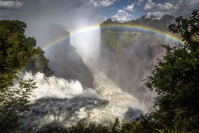 Scenic view of waterfall against rainbow in sky